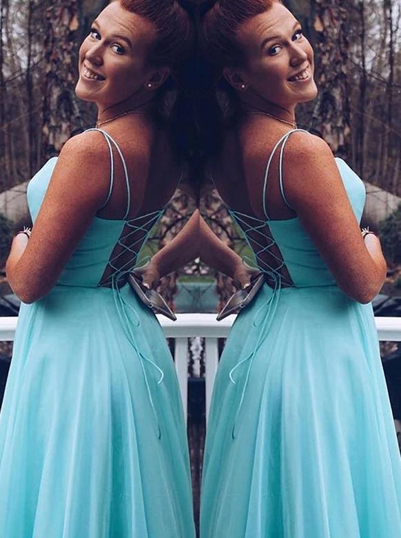 Simple Spaghetti Straps Ice Blue Chiffon Long Prom Dresses MP101