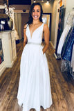 White v neck long prom dresses, long formal evening dresses with pockets mg198