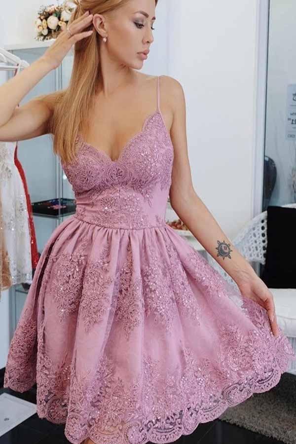 chic a line short homecoming dresses spaghetti straps dress with appliques