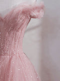 princess pink tulle tea length prom dress pink off shoulder sweet 16 dress
