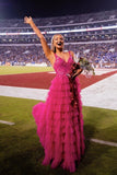 hot pink tulle v neck a line tulle tiered long prom dress with lace appliques