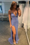 Beaded Strap Light Purple Sequin Sheath Long Formal Prom Dress GP236