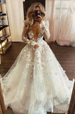 Beautiful Lace Appliqu¡§| Long Sleeves V-neck Sheer Boho Wedding Dresses PW506