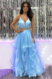 a line v neck blue tulle long prom dress ruffles blue formal gown
