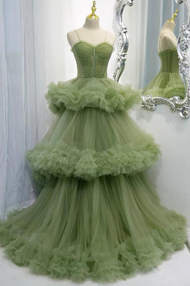 princess green tulle long ball gown dress a line formal dress