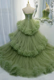 princess green tulle long ball gown dress a line formal dress