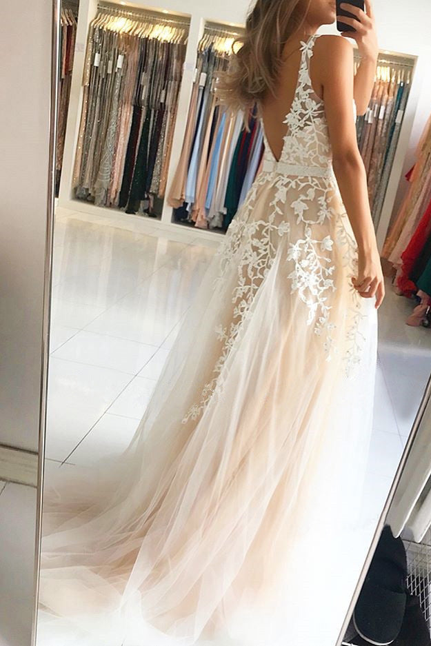 elegant a line v neck sleeveless long prom dress with appliques