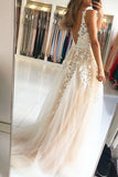 elegant a line v neck sleeveless long prom dress with appliques