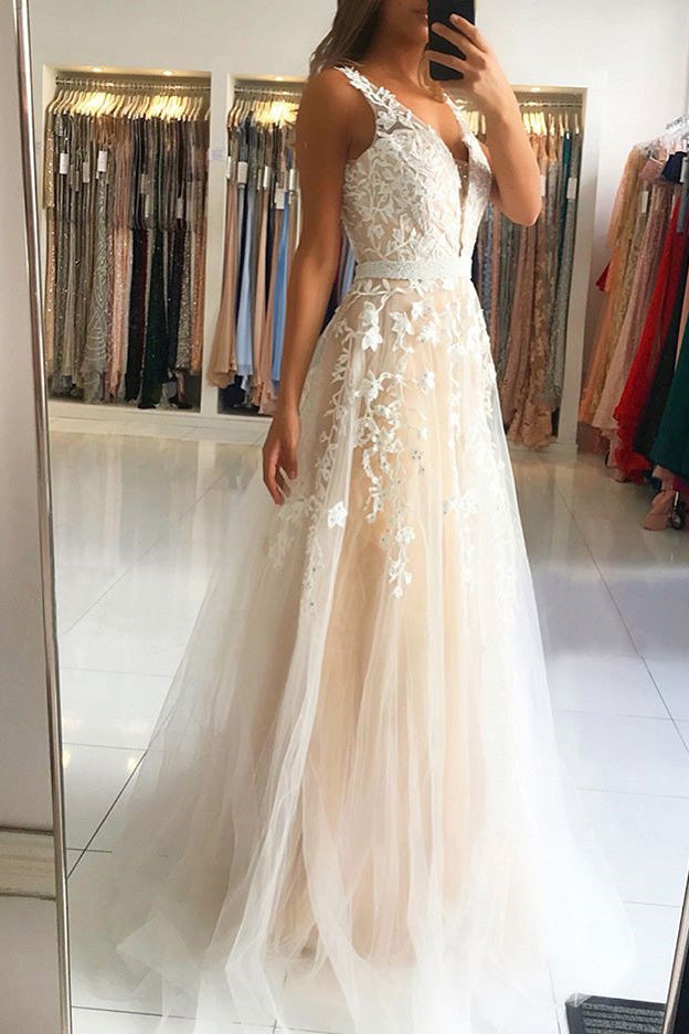 elegant a line v neck sleeveless long prom dress with appliques
