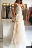 elegant a line v neck sleeveless long prom dress with appliques