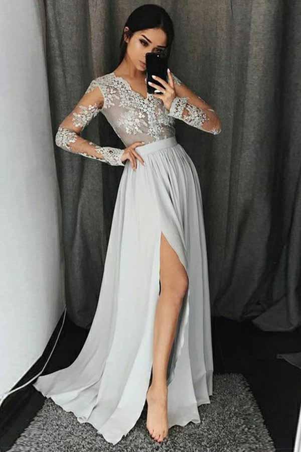 a line v neck appliques long sleeves prom dress with slit
