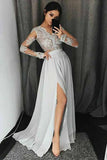 a line v neck appliques long sleeves prom dress with slit