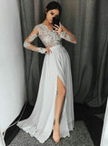 A-Line V-Neck Appliques Long Sleeves Prom Dress With Slit MP351