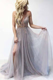 spaghetti straps v neck beaded bodice long prom dress with slit