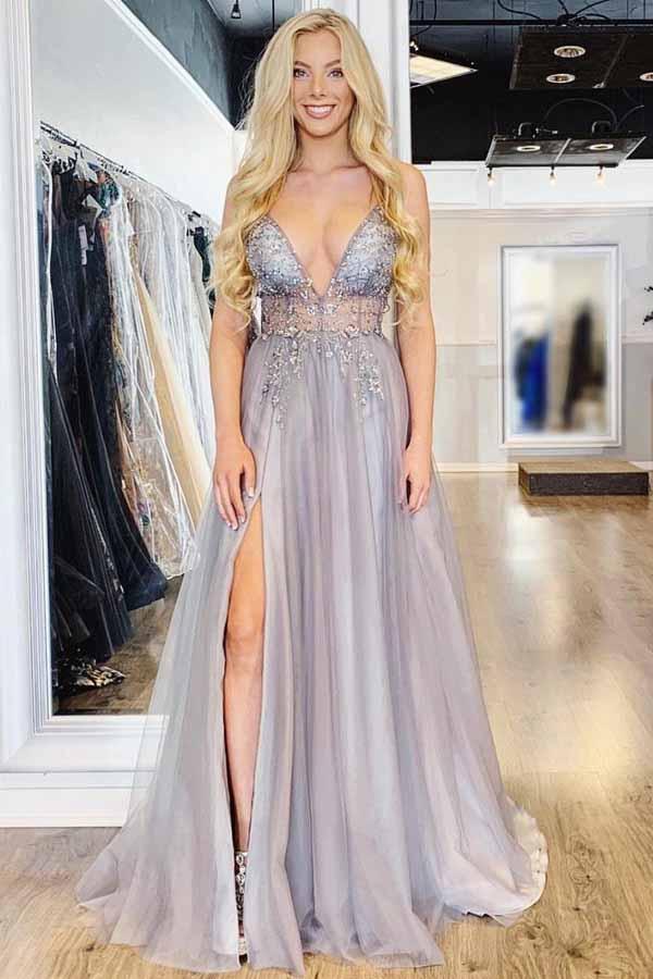 spaghetti straps v neck beaded bodice long prom dress with slit