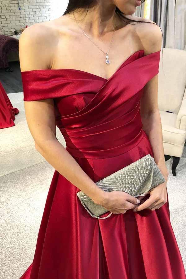 elegant off the shoulder burgundy satin prom dress with ruched