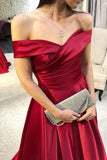 elegant off the shoulder burgundy satin prom dress with ruched