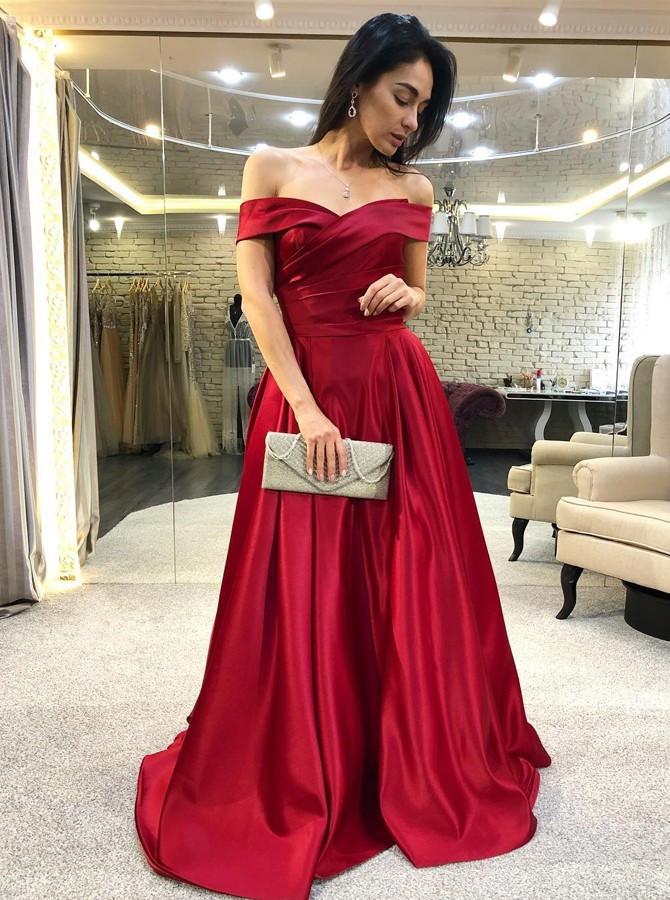 elegant off the shoulder burgundy satin prom dress with ruched