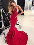 spaghetti straps evening gown red lace mermaid prom dress with beading