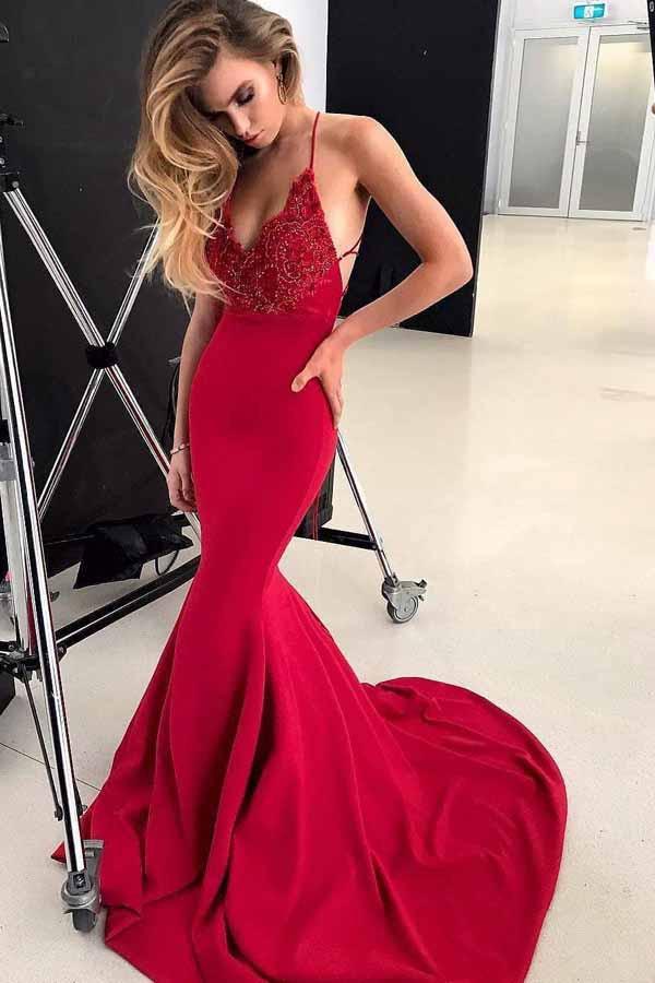 spaghetti straps evening gown red lace mermaid prom dress with beading
