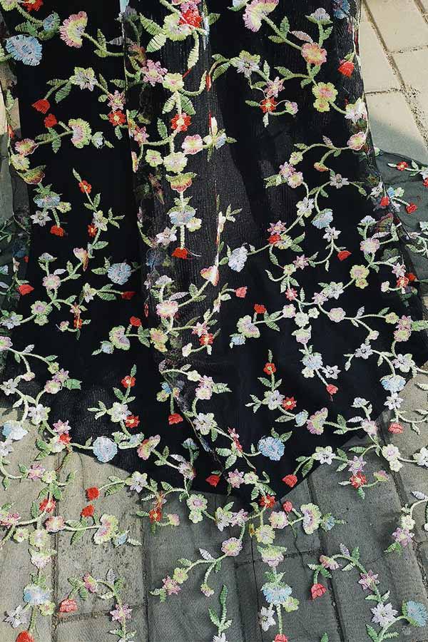black mermaid prom dress spaghetti straps with floral embroidery