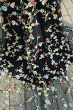 black mermaid prom dress spaghetti straps with floral embroidery