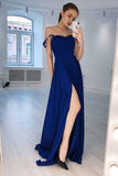 a line straps royal blue simple long prom dress with slit