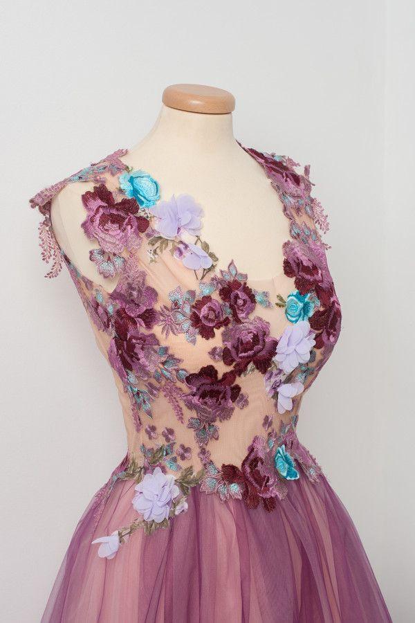 charming 3d floral applique grape tulle long prom dress