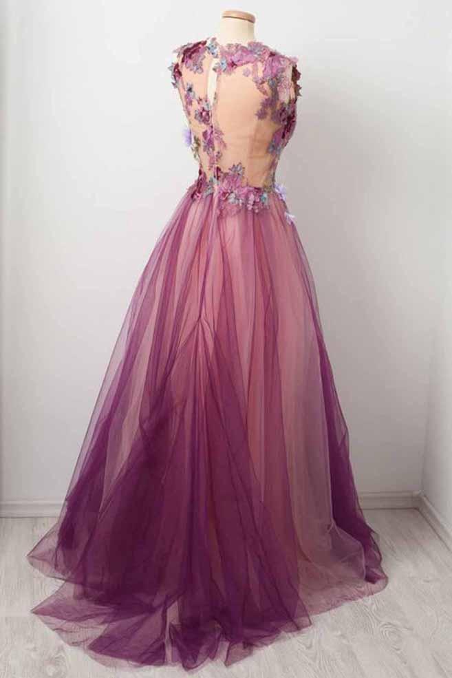 charming 3d floral applique grape tulle long prom dress