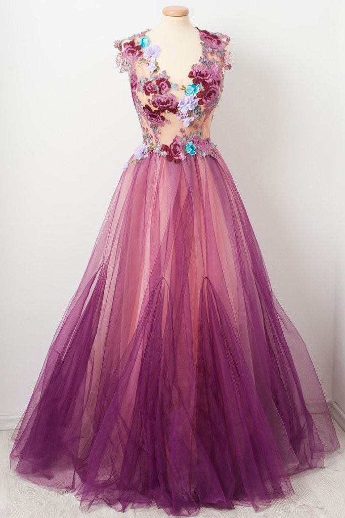 charming 3d floral applique grape tulle long prom dress