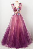 Charming 3D Floral Applique Formal Gown Grape Tulle Long Prom Dress MP345