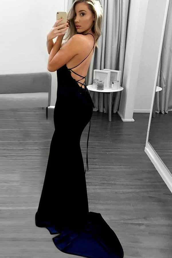 spaghetti straps navy blue mermaid prom dress with lace edge