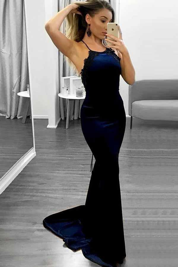 spaghetti straps navy blue mermaid prom dress with lace edge