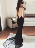 spaghetti straps backless mermaid black prom dress with lace