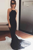 Spaghetti Straps Backless Mermaid Black Prom Dress With Lace MP358