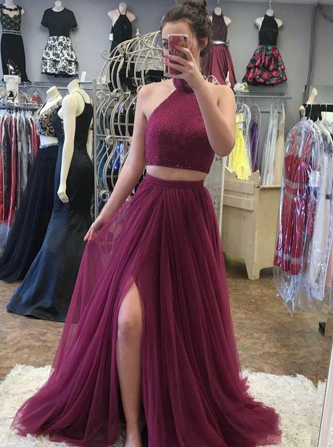 a line high neck tulle two piece prom dress with beading