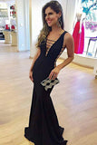 unique mermaid deep v neck black long formal evening dress