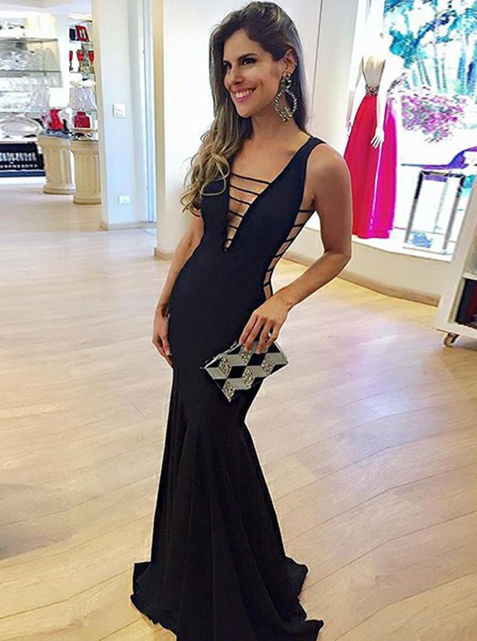 unique mermaid deep v neck black long formal evening dress