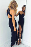 sweetheart high neck mermaid prom dress slit black evening dress