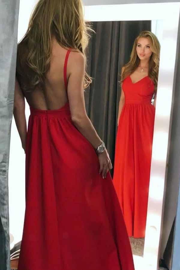 a line spaghetti straps backless red long prom dress