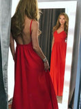 a line spaghetti straps backless red long prom dress
