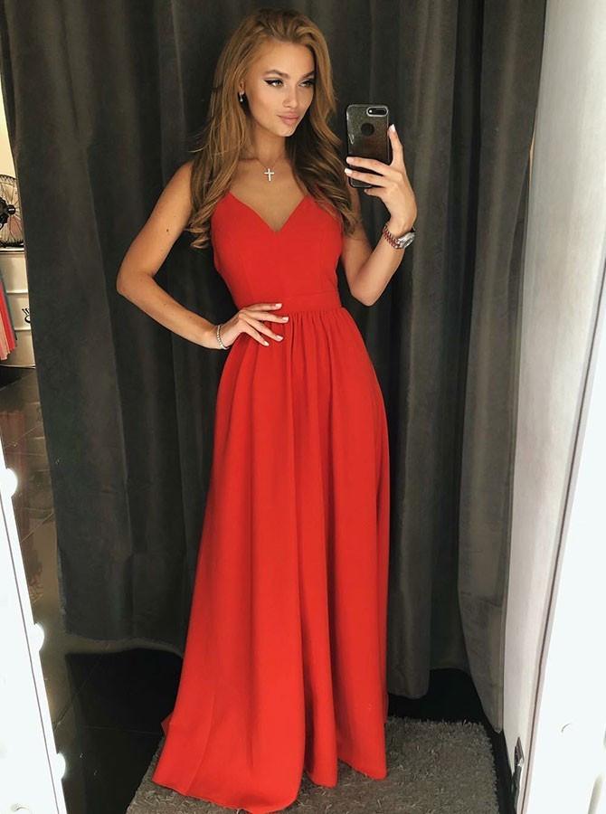 a line spaghetti straps backless red long prom dress