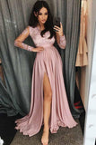 a line v neck long sleeves pink appliques prom dress with slit