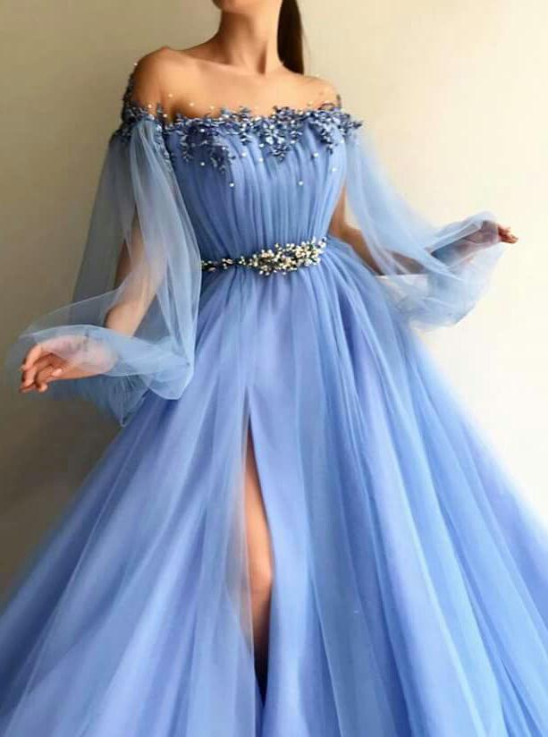 blue puff long sleeves prom dress beading applique split evening dress