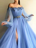 blue puff long sleeves prom dress beading applique split evening dress