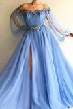 Blue Puffy Long Sleeves Prom Dress Beading Applique Split Evening Dress MP896