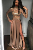 sheer sequins long sleeves prom dress high slit party dress