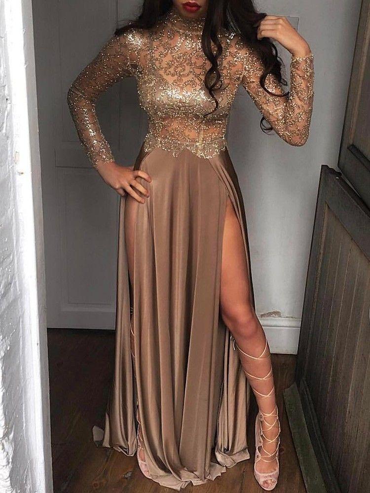sheer sequins long sleeves prom dress high slit party dress