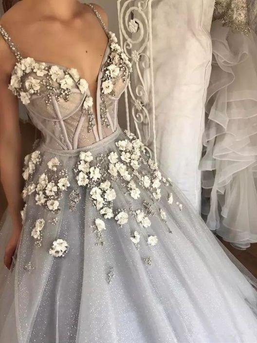 sparkly dusty silver 3d floral ball gown long wedding dress