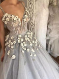 sparkly dusty silver 3d floral ball gown long wedding dress